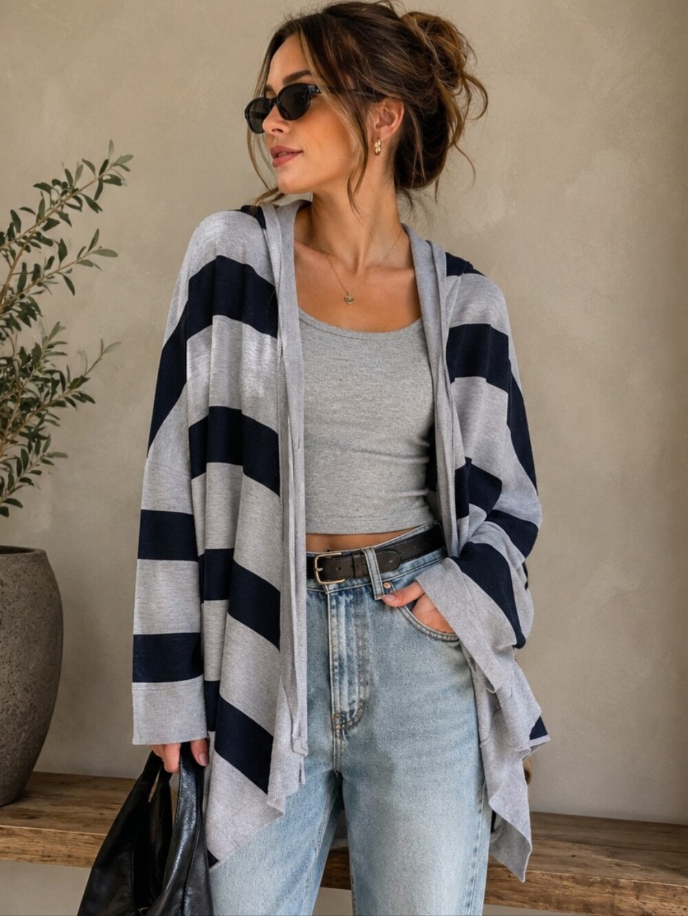 AIKO | Navy & Heather Gray Striped Hooded Draped Open-Front Cardigan, Size L